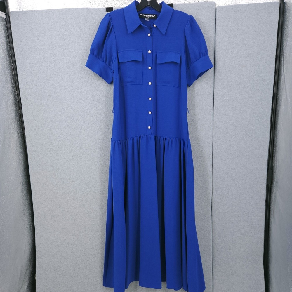 Karl Lagerfeld Paris Puff Sleeve Button Front Midi Shirtdress Blue Womens 0 READ